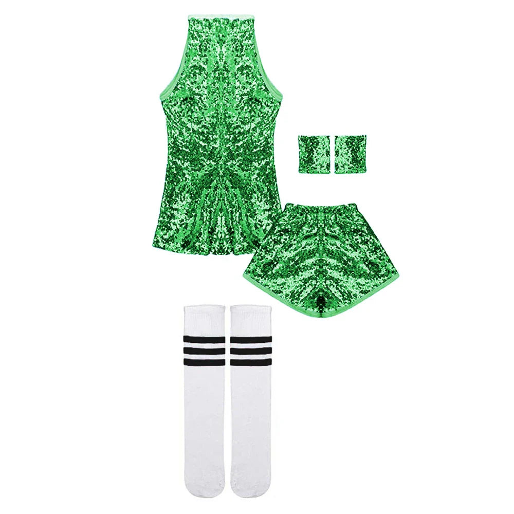 Vibrant green lolanta girls sequins dance outfit sleeveless top and shorts with wristbands and striped white socks for hip hop
