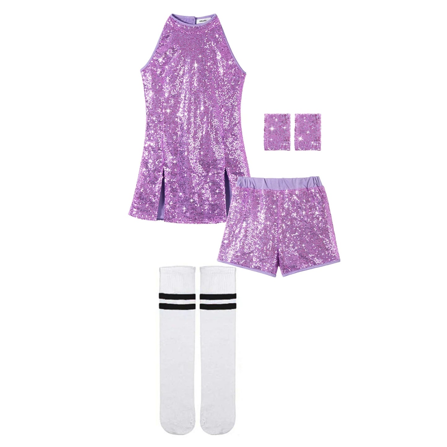 Purple sequined lolanta girls sequins sleeveless dance outfit with matching shorts wrist cuffs and striped white socks