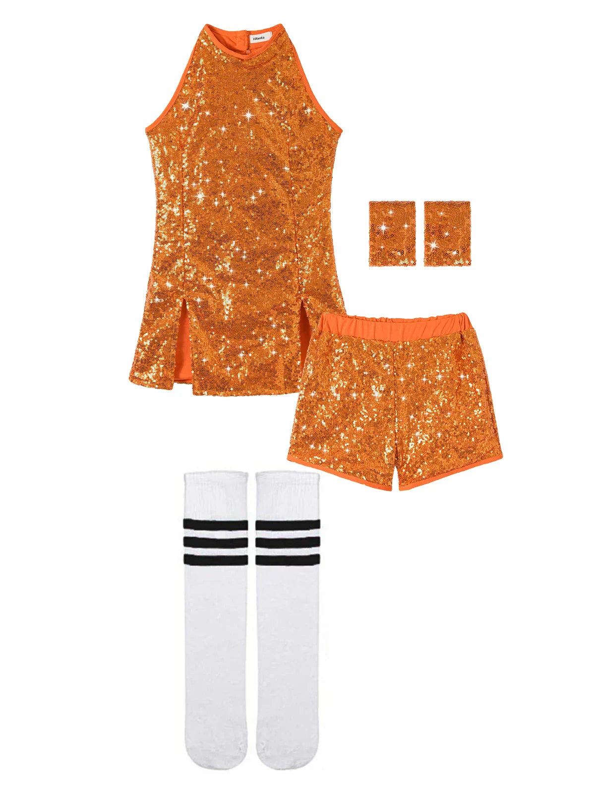 Orange sequined lolanta girls sequins sleeveless dance outfit with matching shorts and white socks with black stripes