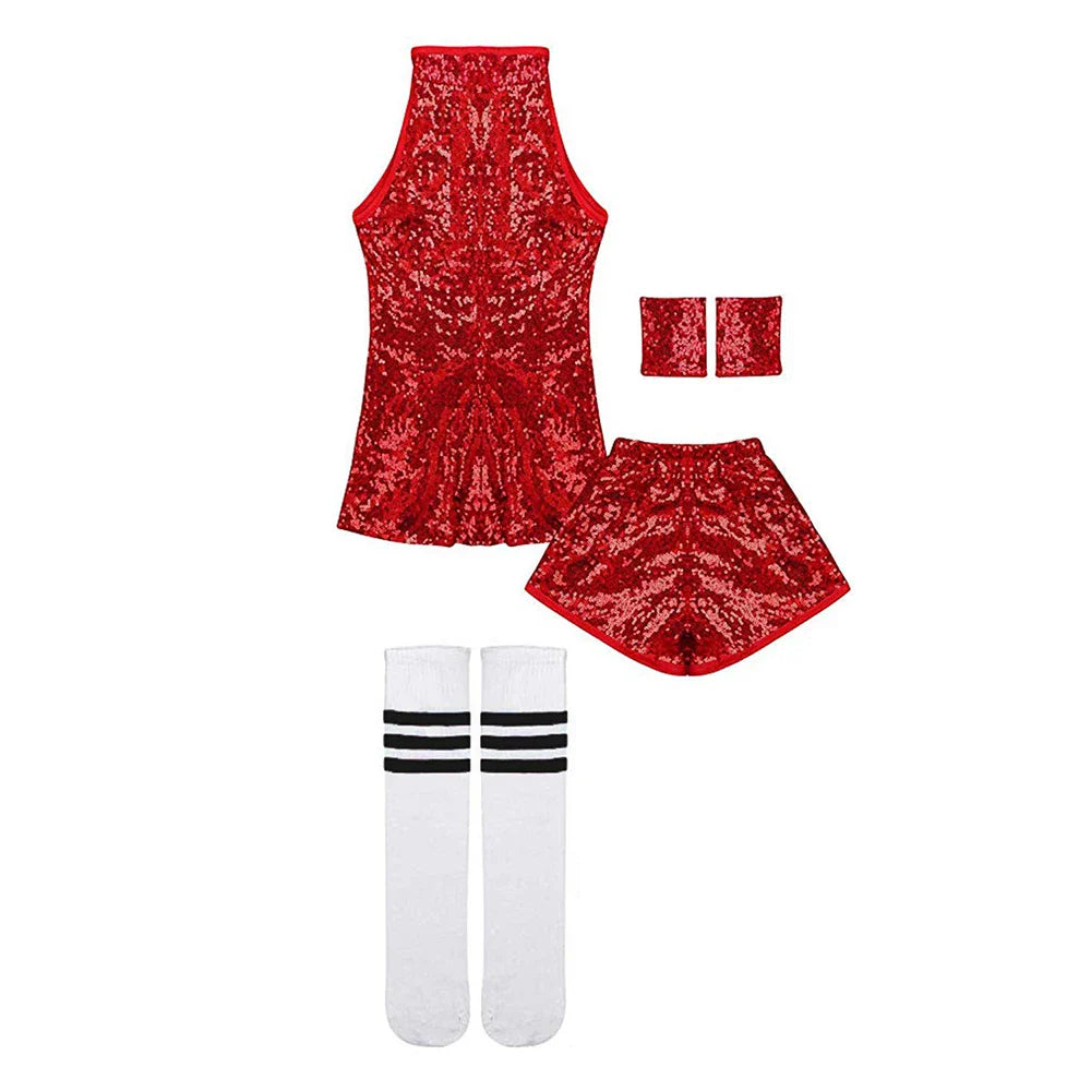 Red sequined lolanta girls sequins dance outfit sleeveless top with matching shorts and white socks for 4-12 years sparkle hip use