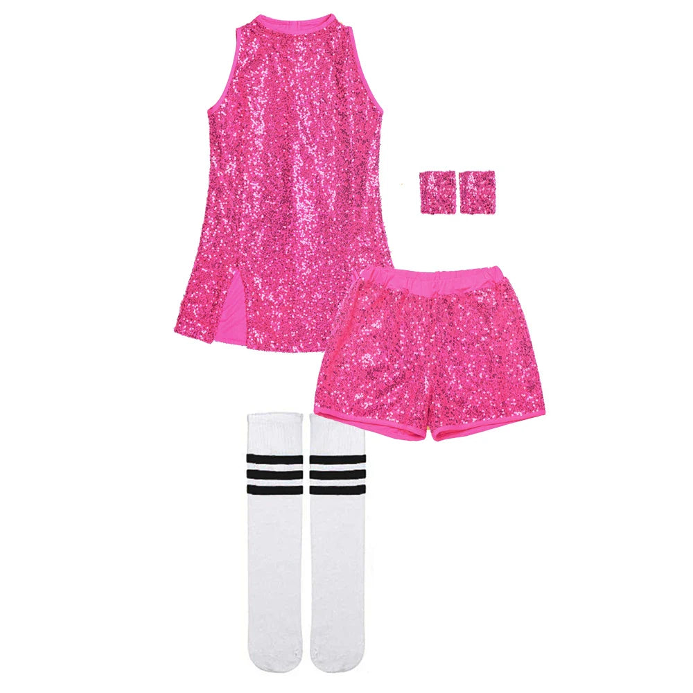 Bright pink lolanta girls sequins sleeveless dance outfit with shorts wristbands and striped socks for 4-12 years sparkle hip use