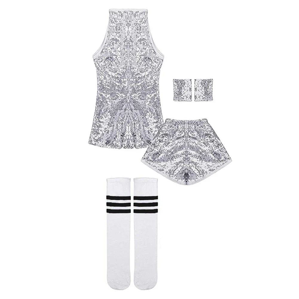 Silver sequined sleeveless lolanta girls sequins dance outfit with matching shorts and wrist cuffs for years sparkle hip dance