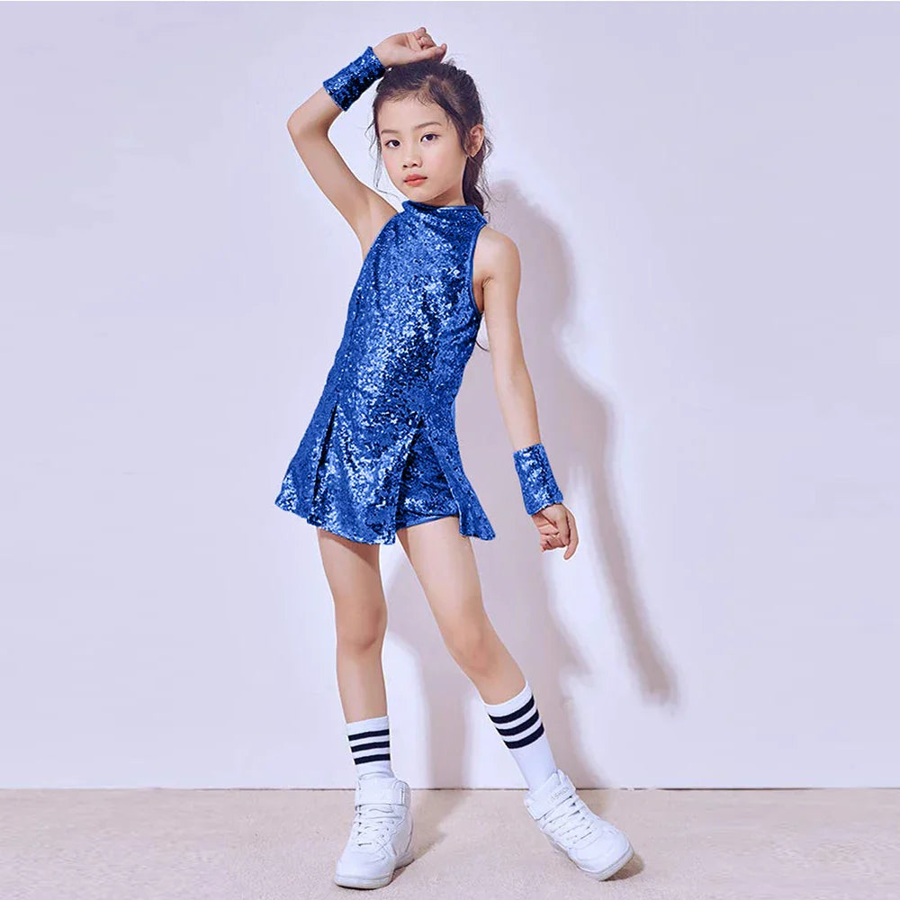 Blue sequined lolanta girls sequins dance outfit sleeveless top and shorts with matching arm cuffs for 4-12 years sparkle hip hop