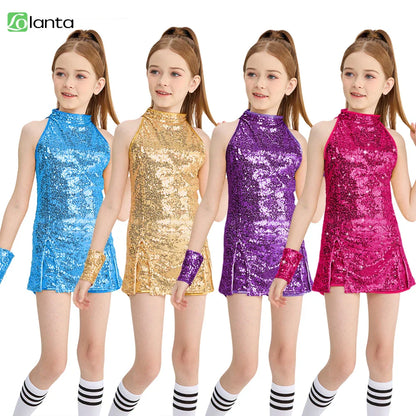 Four young girls model lolanta girls sequins dance outfit sleeveless tops and shorts in vibrant blue gold purple and pink hues