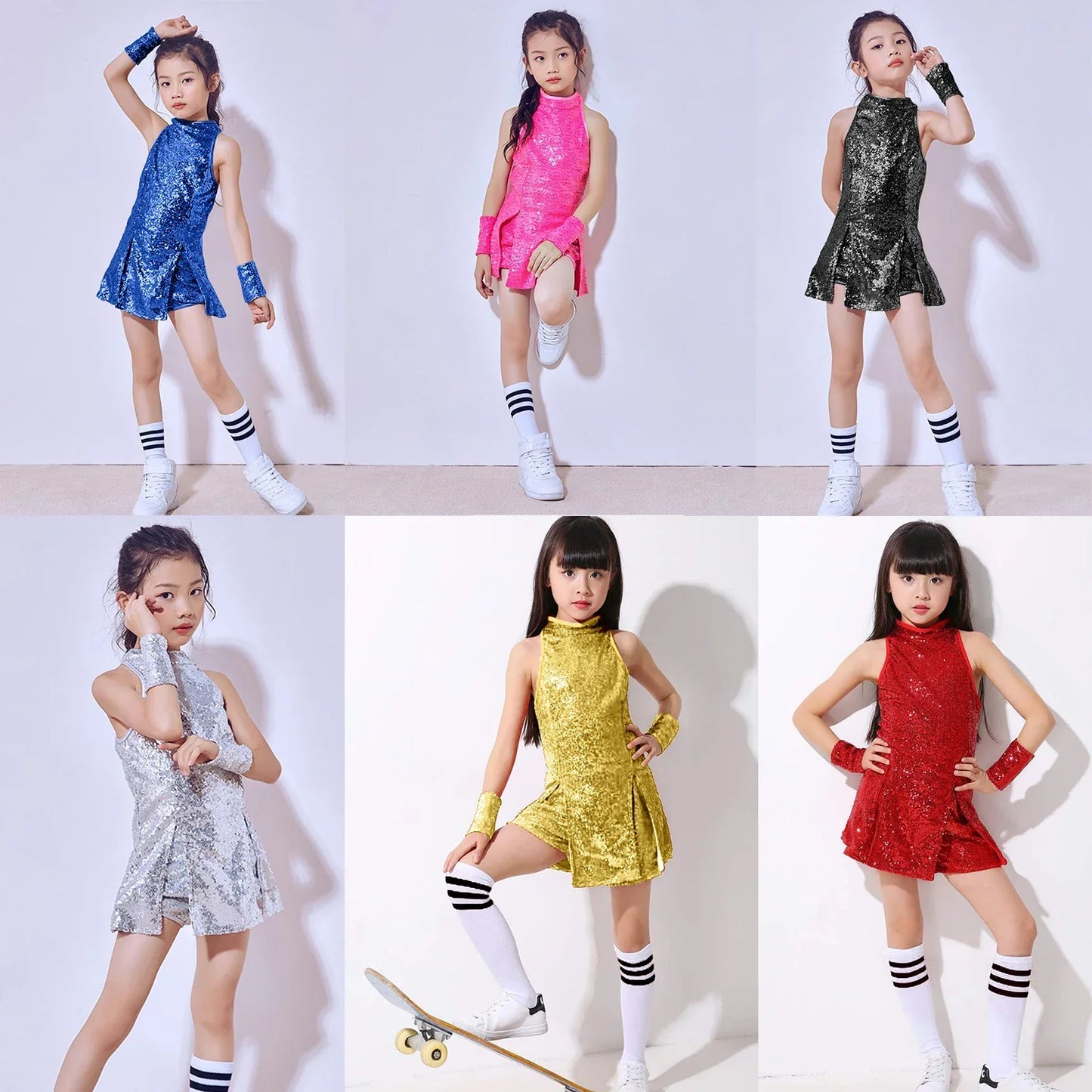 Lolanta girls sequins sleeveless dance outfit in blue pink green silver gold and red years sparkle hip hop jazz dress