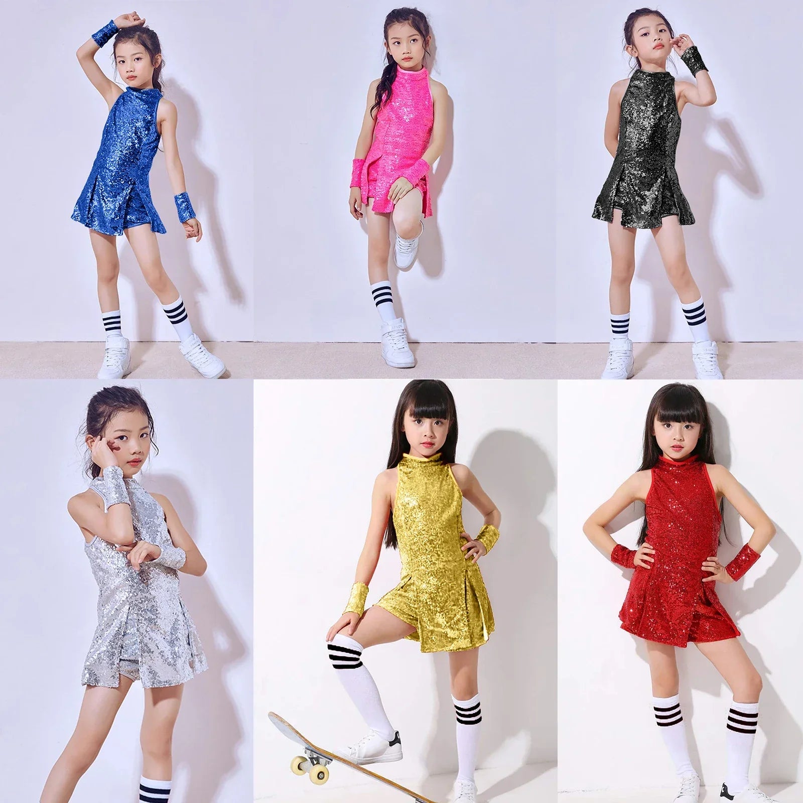 Lolanta girls sequins sleeveless dance outfit in blue pink green silver gold and red years sparkle hip hop jazz dress