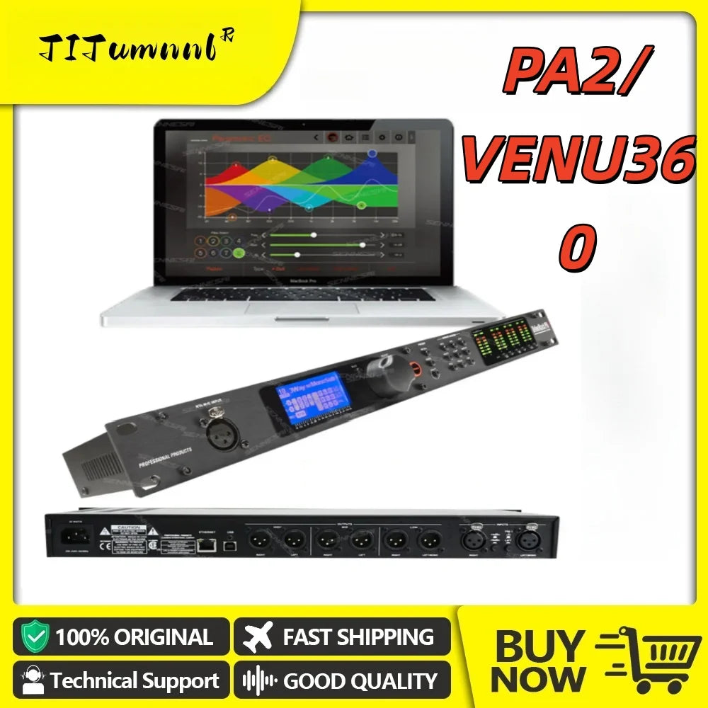 Black professional audio mixing console with digital display and multiple i o ports for driverack pa2 dsp loudspeaker management