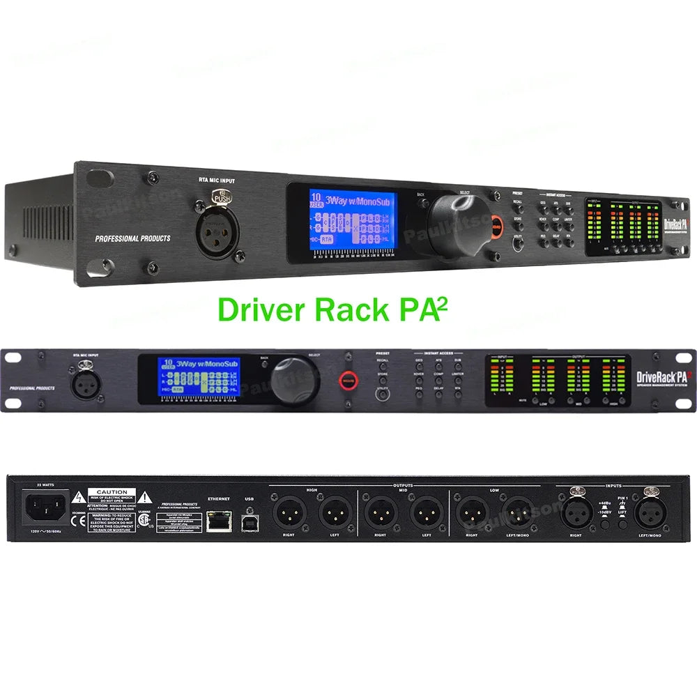 Black professional loudspeaker management system with blue display green led meters driverack pa2 dsp digital processor