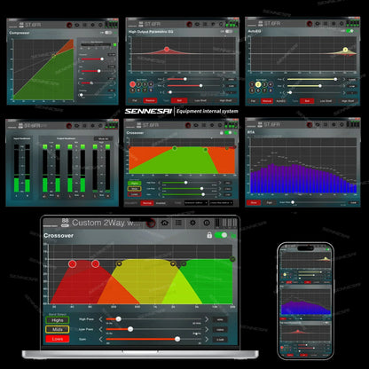 Laptop and smartphone displaying sennheiser st 6fr loudspeaker management interface of driverack pa2 dsp digital processor professional