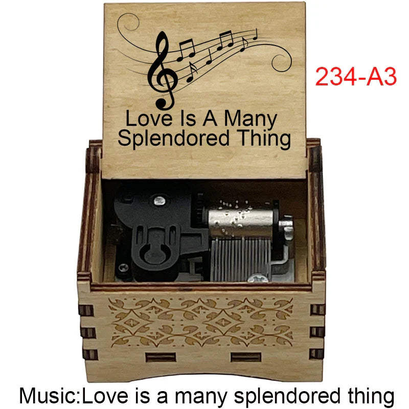 Light wood grain music box with engraved treble clef and famous movie melody for fans girlfriend couple gift