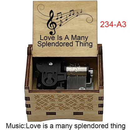 Light wood grain music box with engraved treble clef and famous movie melody for fans girlfriend couple gift