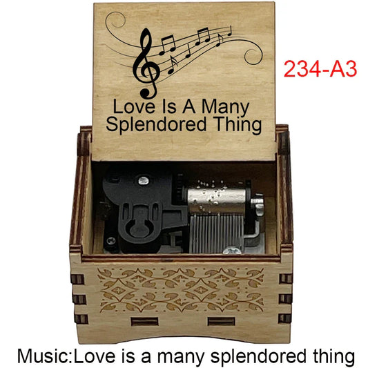 Light wood grain music box with engraved treble clef and famous movie melody for fans girlfriend couple gift