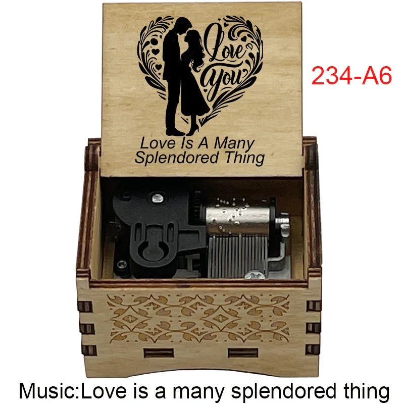 Light wood-grain music box with black engraved couple inside heart and love is a many splendored thing for fans girlfriend couple