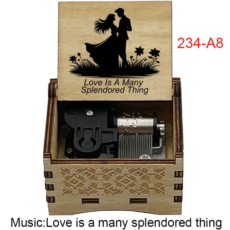Light wood grain music box with black engraved dancing couple and love is a many splendored thing for fans girlfriend couple