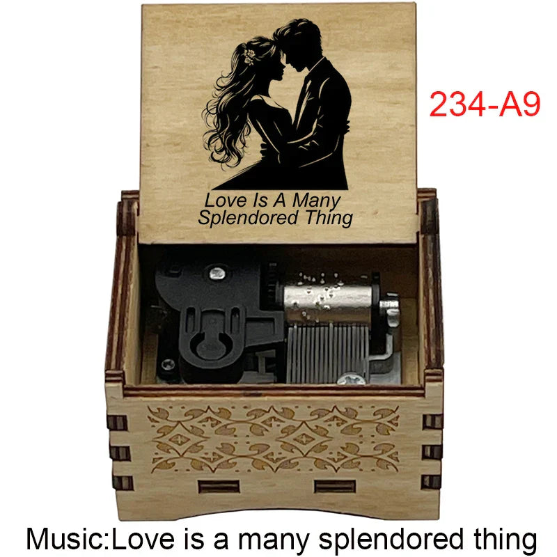 Light-colored wooden music box with laser-engraved couple silhouette and love is a many splendored thing for fans girlfriend couple