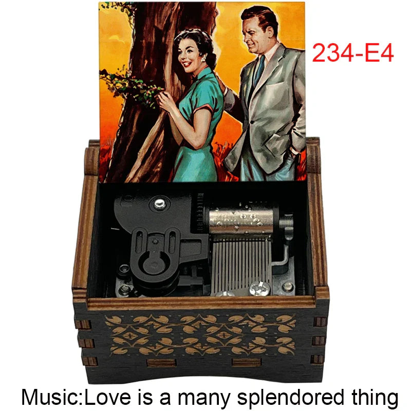 Wooden music box with vintage couple illustration and intricate leaf inlays playing a famous movie melody for fans girlfriend couple