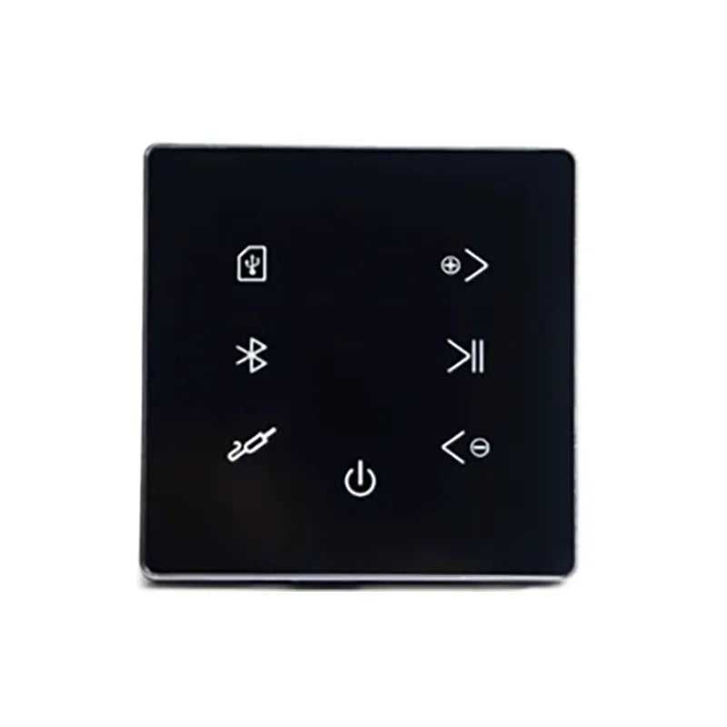 Black square touch control panel with usb bluetooth power play pause and volume icons for bluetooth wall amplifier background music controller