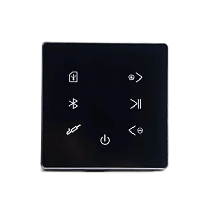 Black square touch control panel with usb bluetooth power play pause and volume icons for bluetooth wall amplifier background music controller