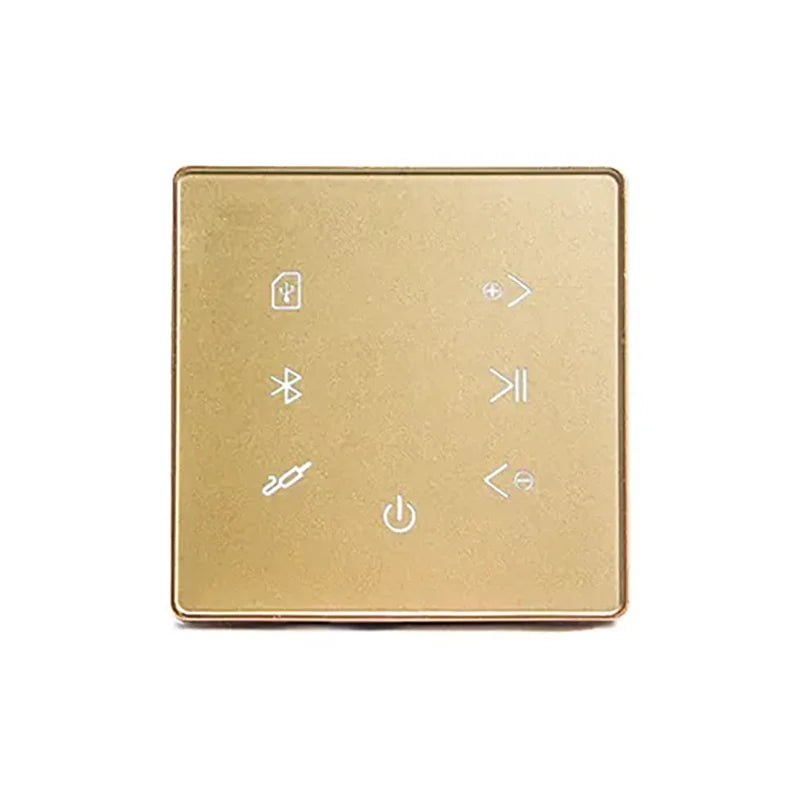 Gold-colored square wireless bluetooth wall amplifier with white icons for power and media playback background music controller