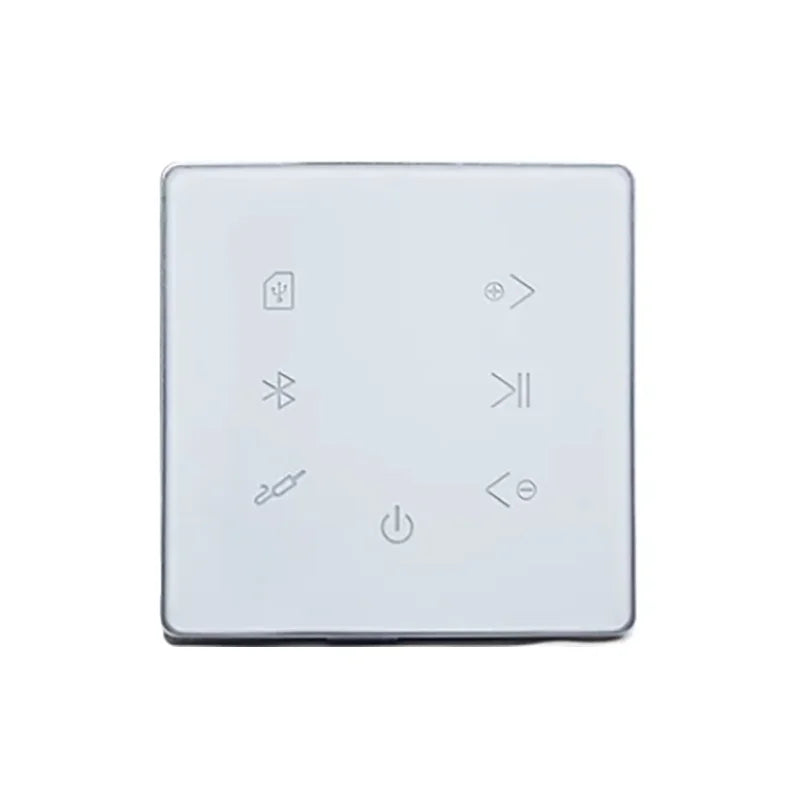 Silver square bluetooth wall amplifier with touch screen home interface and tactile icons for background music control