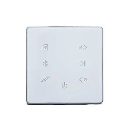 Silver square bluetooth wall amplifier with touch screen home interface and tactile icons for background music control