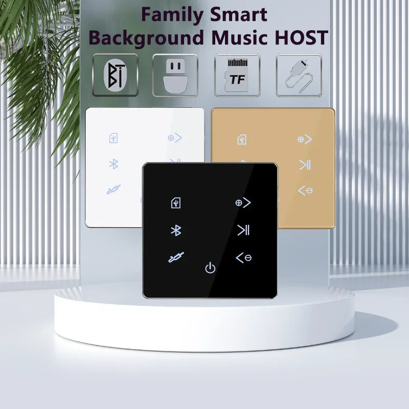 Black glass-faced bluetooth wall amplifier with touch screen home background music controller and illuminated buttons