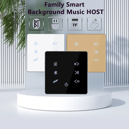 Black glass-faced bluetooth wall amplifier with touch screen home background music controller and illuminated buttons
