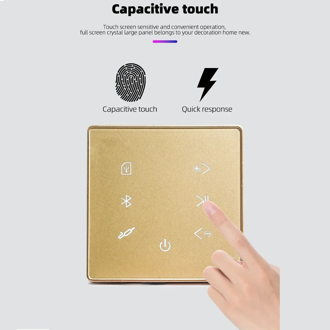 Gold-colored square touch screen home background music controller with bluetooth wall amplifier and media controls icons