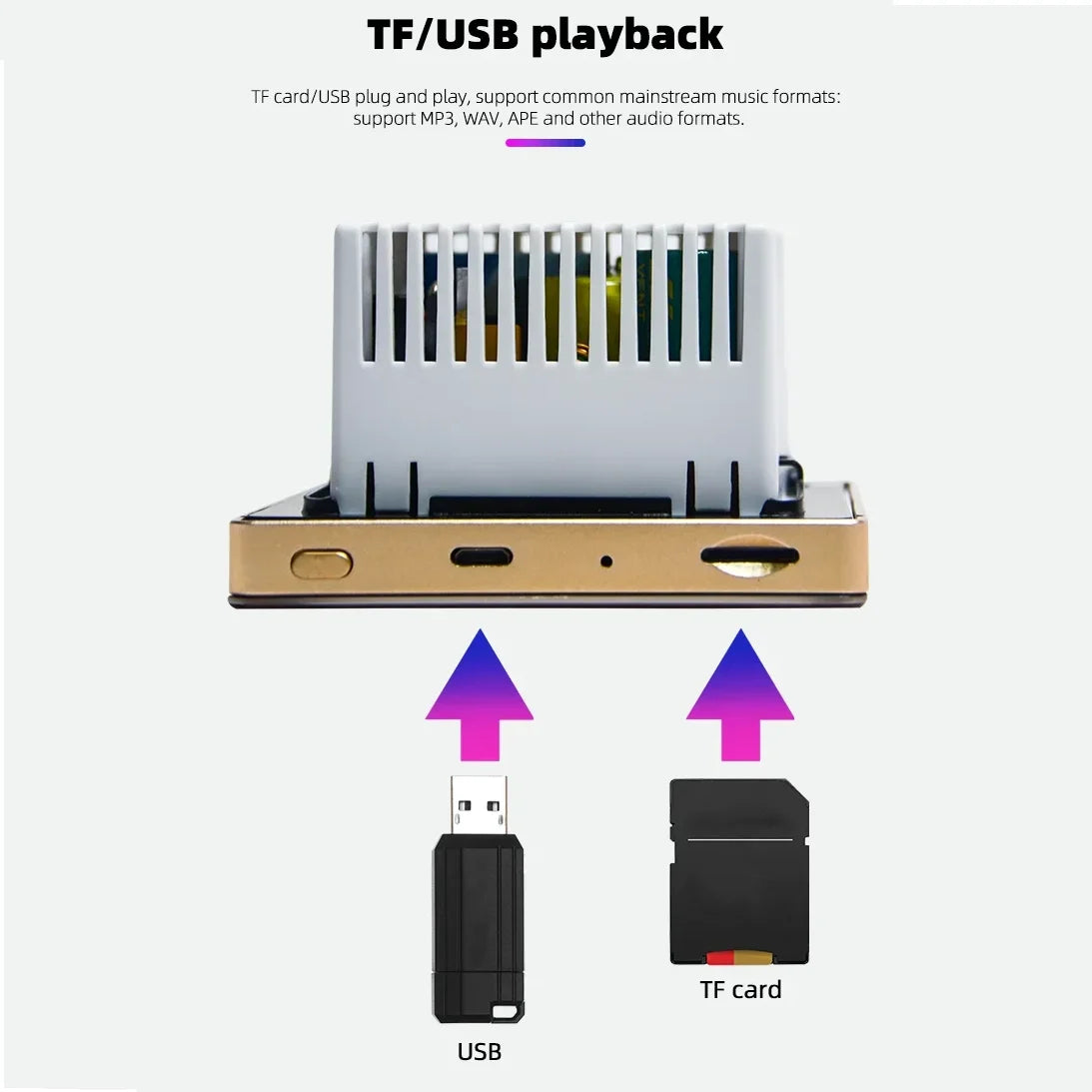 Gold-colored touch screen home theater system with white slatted top black usb and microsd connectors bluetooth wall amplifier