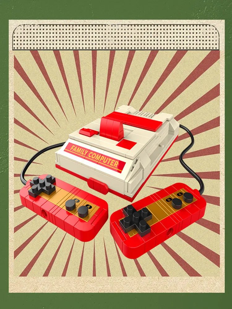 Red and white lego-style family computer console with matching red controllers made of small particle puzzle assembly toy model printer