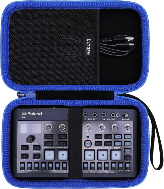 Blue protective case containing a black roland aira compact p-6 drum sequencer for e-4 creative sampler devices