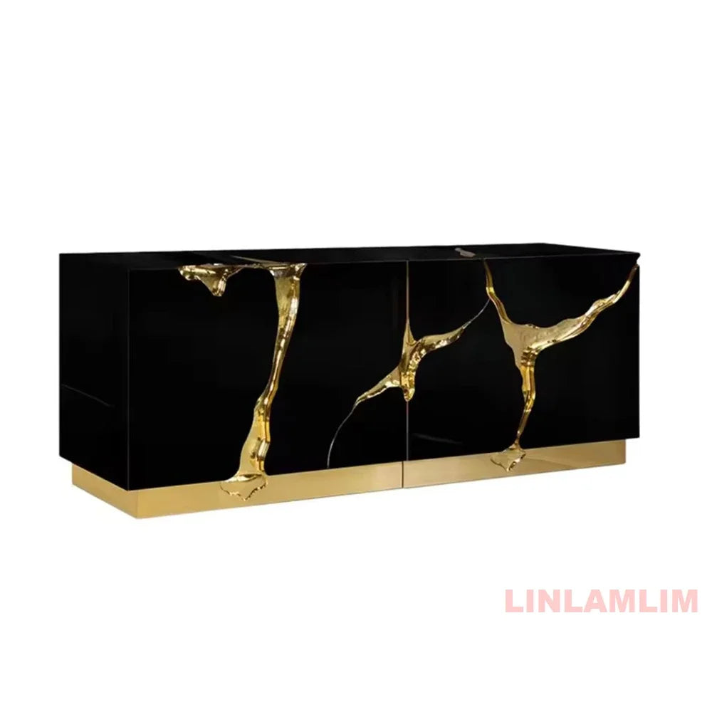Luxury black and white sideboard cabinet featuring gold accent high-gloss sculptural organic forms for living room use