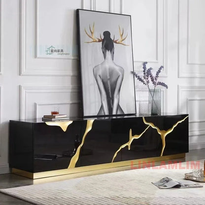 Luxury black marble-effect tv console with gold accent high-gloss finish for living room or dining room storage