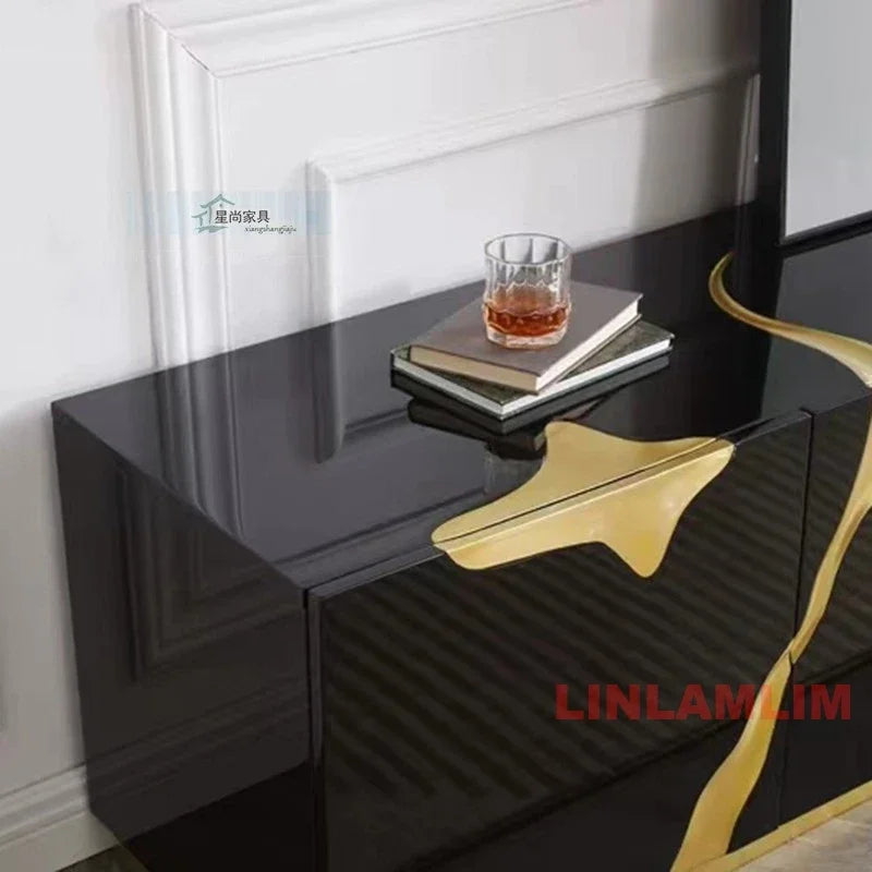 Luxury black high-gloss sideboard cabinet with gold accent leaf details for living room or dining room storage