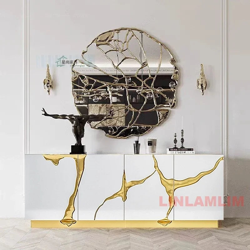 Luxury black and white sideboard cabinet with gold accent high-gloss and marble effect for living or dining room