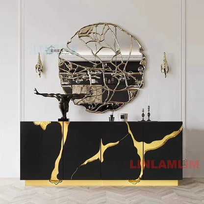 Luxury black and white sideboard cabinet with gold accent high-gloss finish featuring marble-effect design for living room