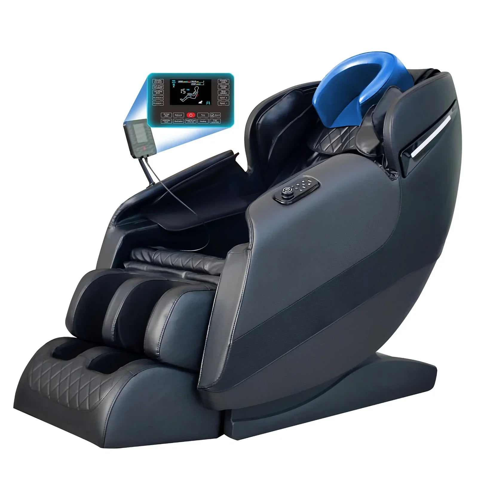 Black and blue luxury hifi bluetooth full body airbag massage chair with quilted leather and digital control panel