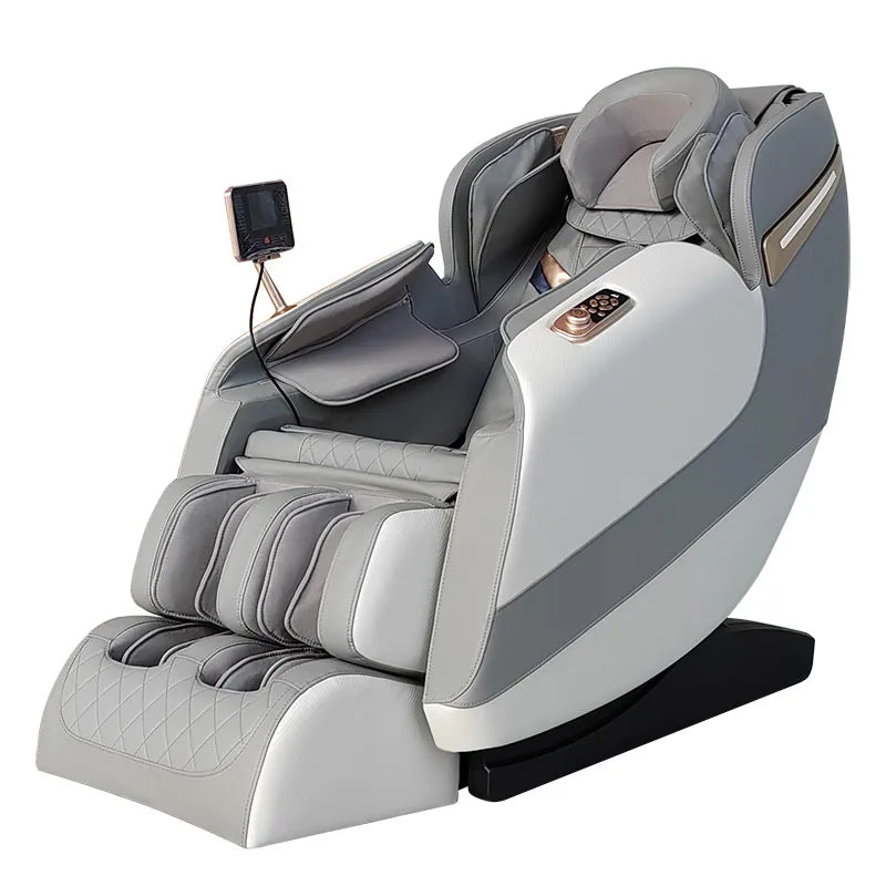 Modern gray and white leather luxury hifi bluetooth massage chair with quilted detailing and rose gold controls