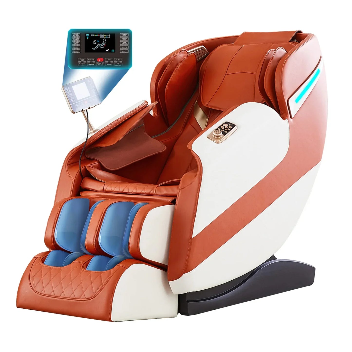 Brown and white leather massage chair with blue accent panels featuring full body airbags and zero gravity design