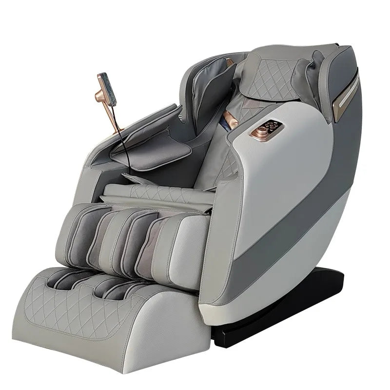 Gray and white leather luxury hifi bluetooth massage chair with quilted detailing rose gold accents and full body airbags