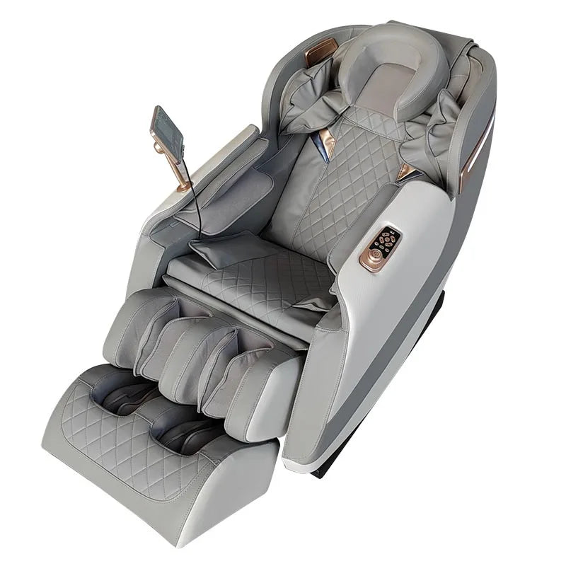 Gray and white leather luxury massage chair with quilted detailing rose gold accents and full body airbags for pedicure use
