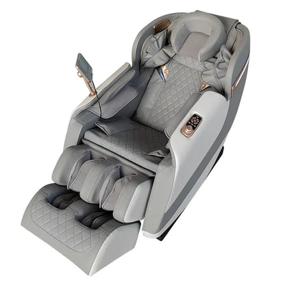 Gray and white leather luxury massage chair with quilted detailing rose gold accents and full body airbags for pedicure use