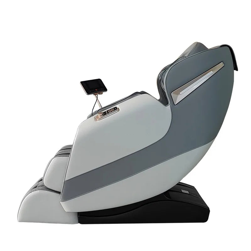 Modern gray and white luxury hifi bluetooth massage chair with touchscreen and full body airbags zero gravity design