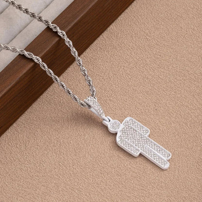 Silver rhinestone-encrusted luxury hip hop steel skew head zircon couple pendant on twisted rope chain necklace