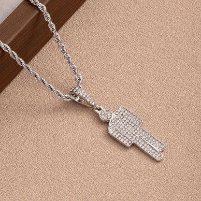 Silver diamond-encrusted hand-shaped luxury hip hop pendant on twisted rope steel skew head chain with zircon couple pendant