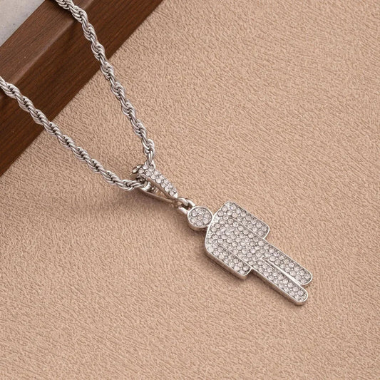 Silver diamond-encrusted hand-shaped luxury hip hop pendant on twisted rope steel skew head chain with zircon couple pendant
