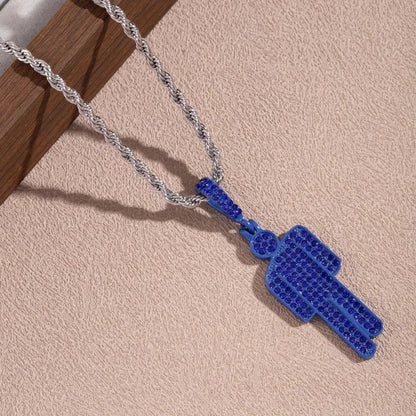 Blue ice cube pendant necklace with silver twisted rope chain luxury hip hop steel skew head zircon couple pendant