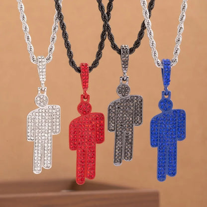 Four silver red black and blue luxury hip hop steel skew head zircon couple pendant necklaces with rhinestones