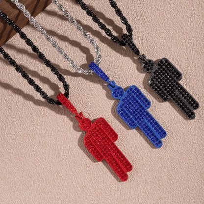 Luxury hip hop steel skew head necklace with red blue and black zircon couple pendant on twisted metal chains