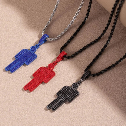 Three colorful luxury hip hop steel skew head necklaces with zircon couple pendants in blue red and black